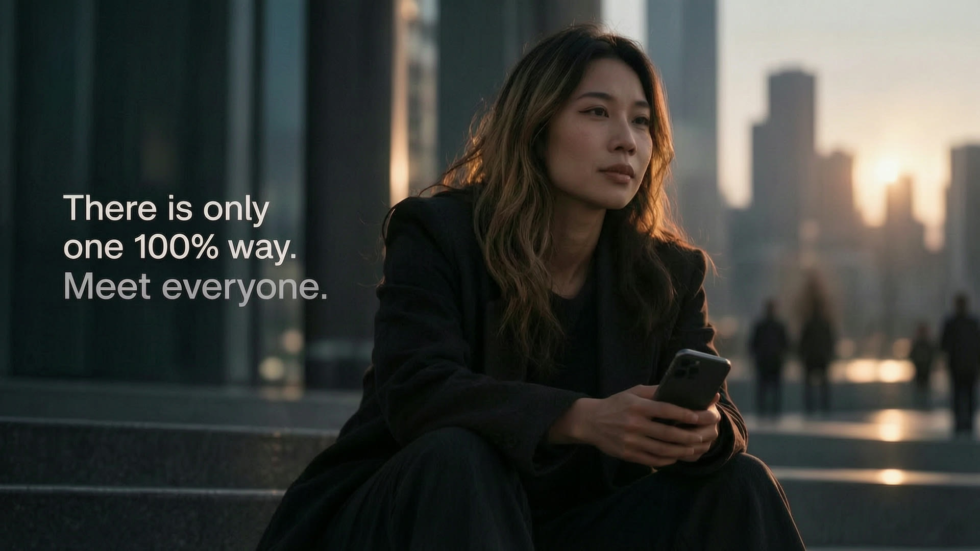 A woman sits on city steps at dusk, phone in hand, looking away from it.
